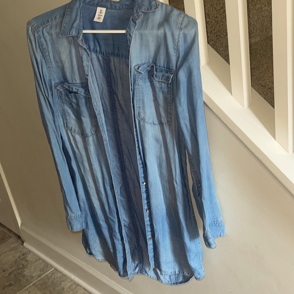 Gently used denim button down shirt (long). Can be worn with leggings or tights